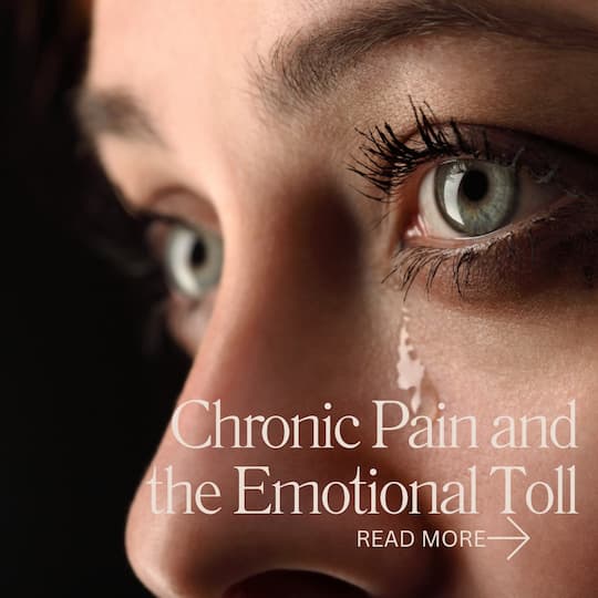 close up of woman's eyes with a tear running down face. Title: Chronic pain and emotional toll
