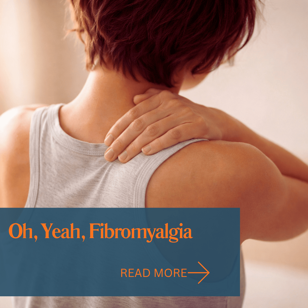 Oh, Yeah, Fibromyalgia Image: woman with short hair facing away from camera holding her shoulder by the neck area.