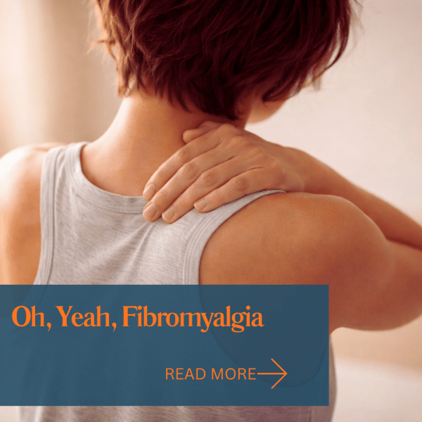 Oh, Yeah, Fibromyalgia Image: woman with short hair facing away from camera holding her shoulder by the neck area.